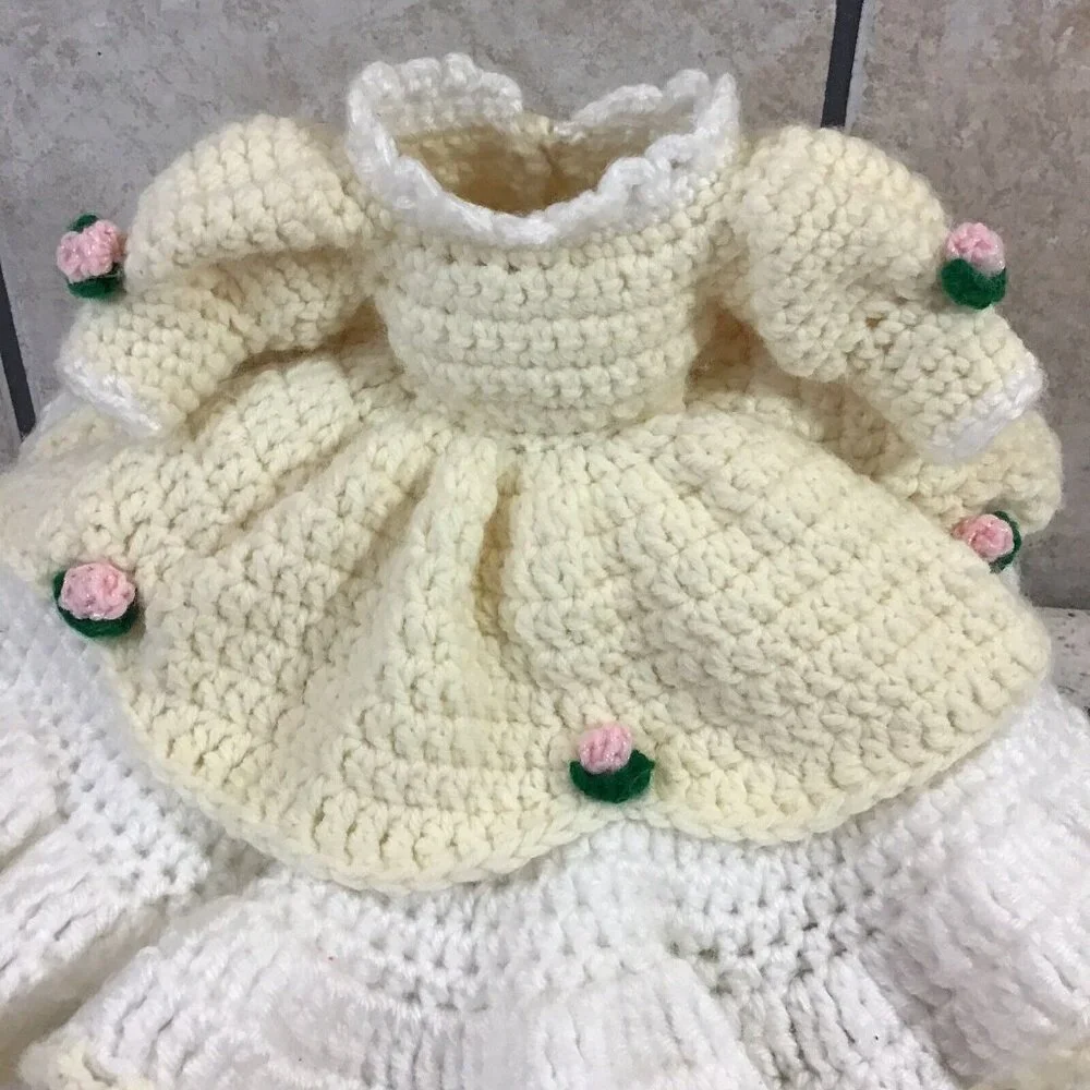 Vintage Handmade Crochet Doll Dress Yellow Layered Ruffled Southern Belle‎ Gown